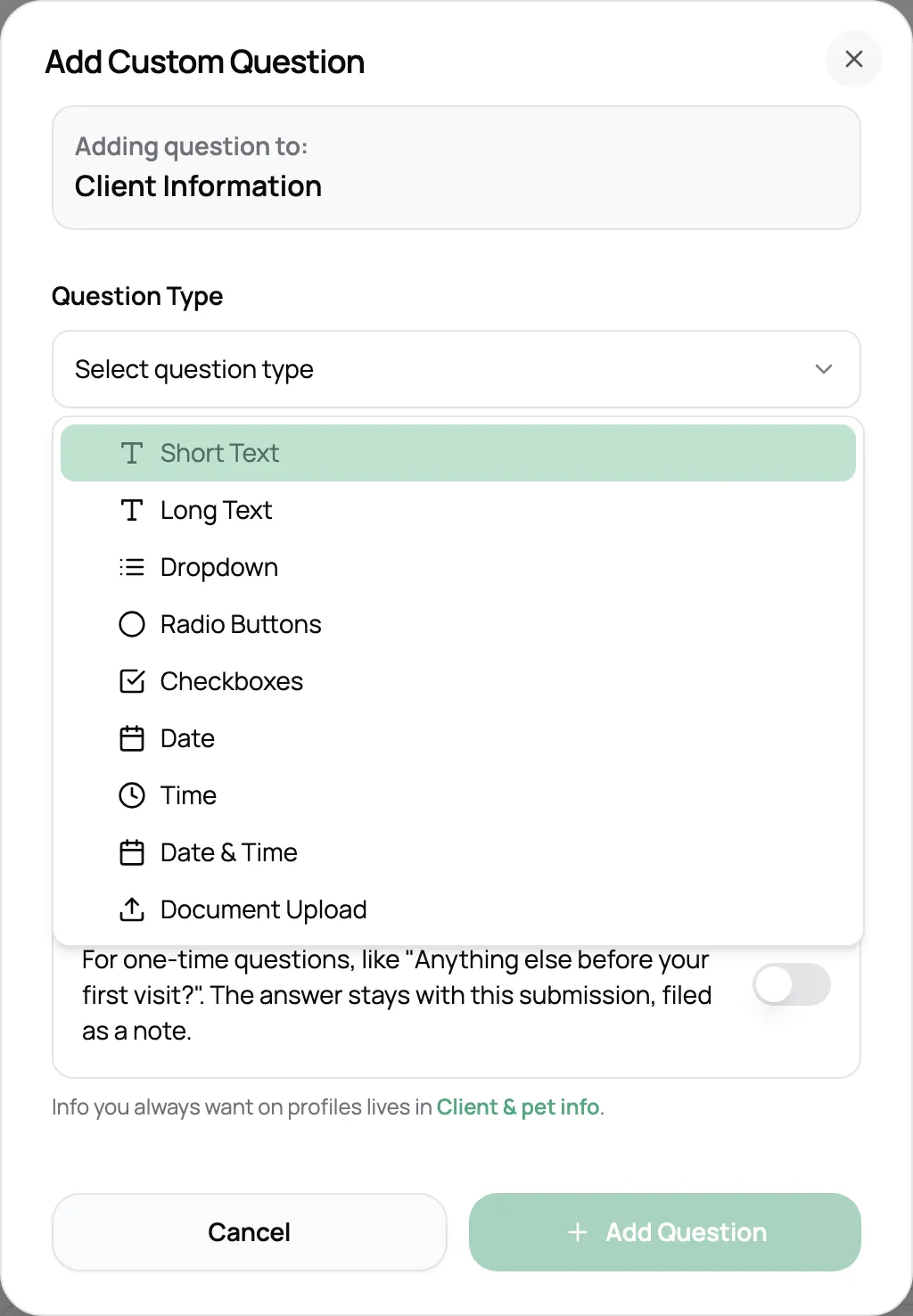 Add Custom Question dialog with the list of question types open