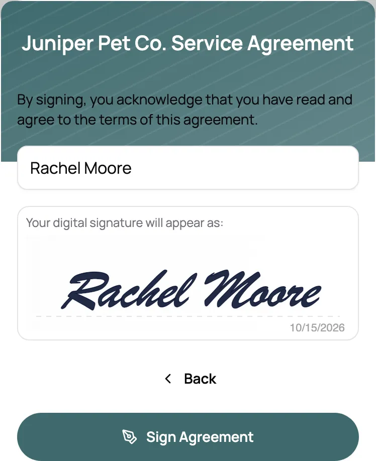 A new client signing the service agreement by typing their name during their first booking