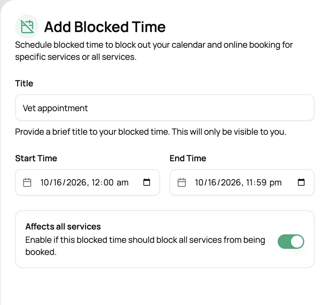 Add Blocked Time form with a vet appointment