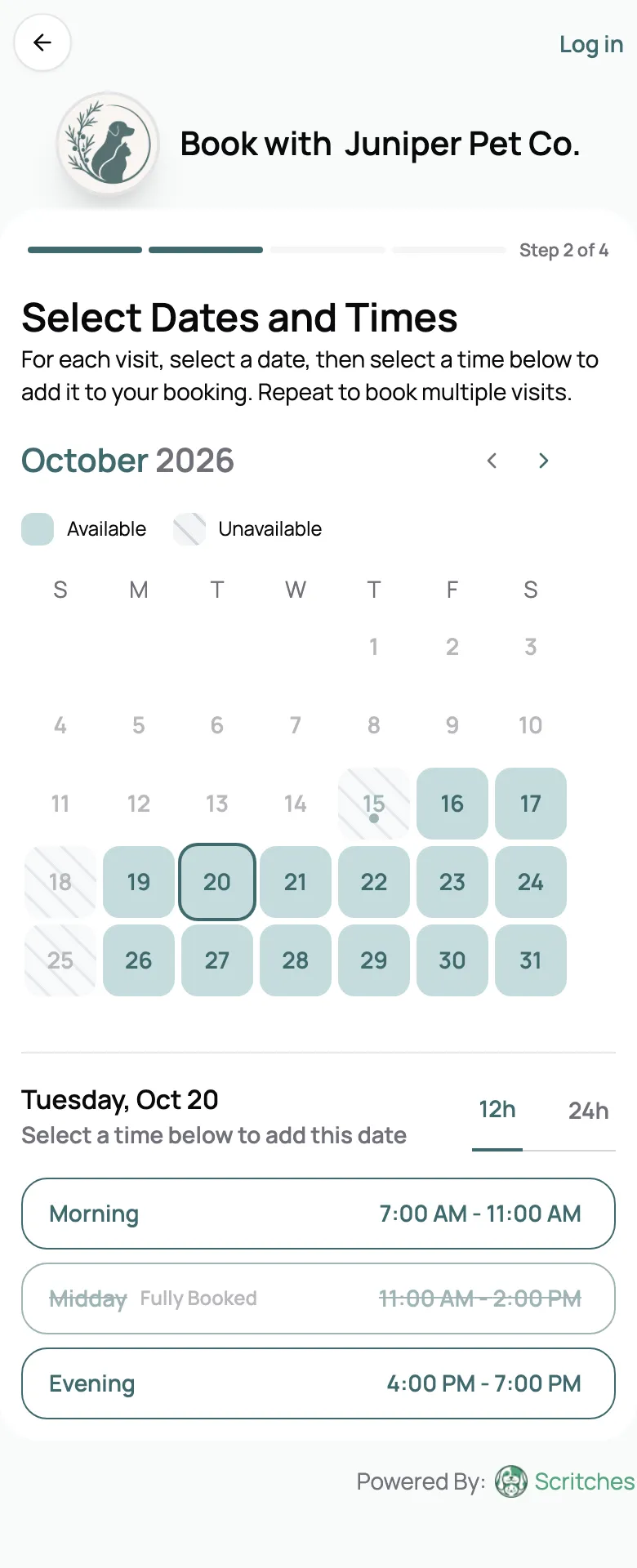 Client booking page with available dates and a fully booked midday window
