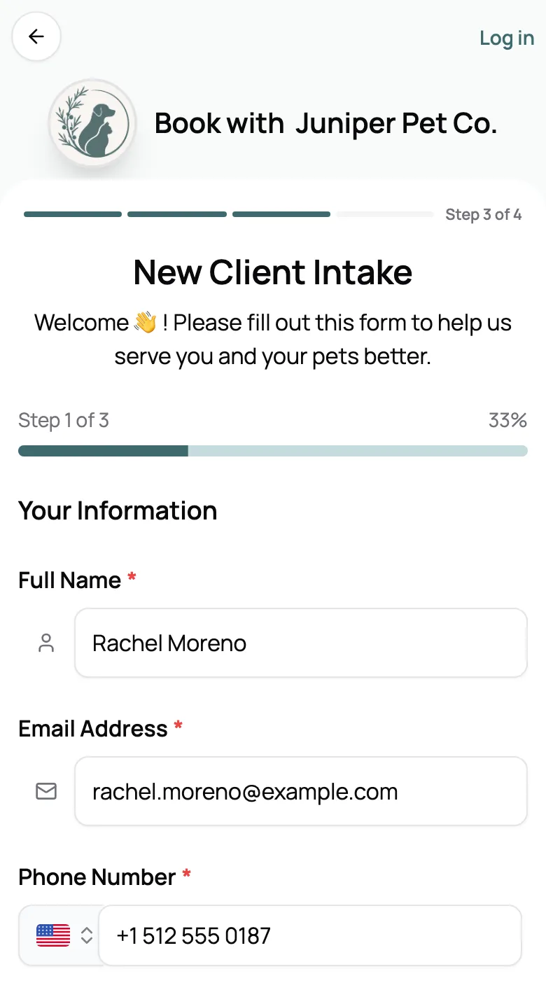A new client's online booking at step 3 of 4, where the New Client Intake form asks for their name, email, and phone
