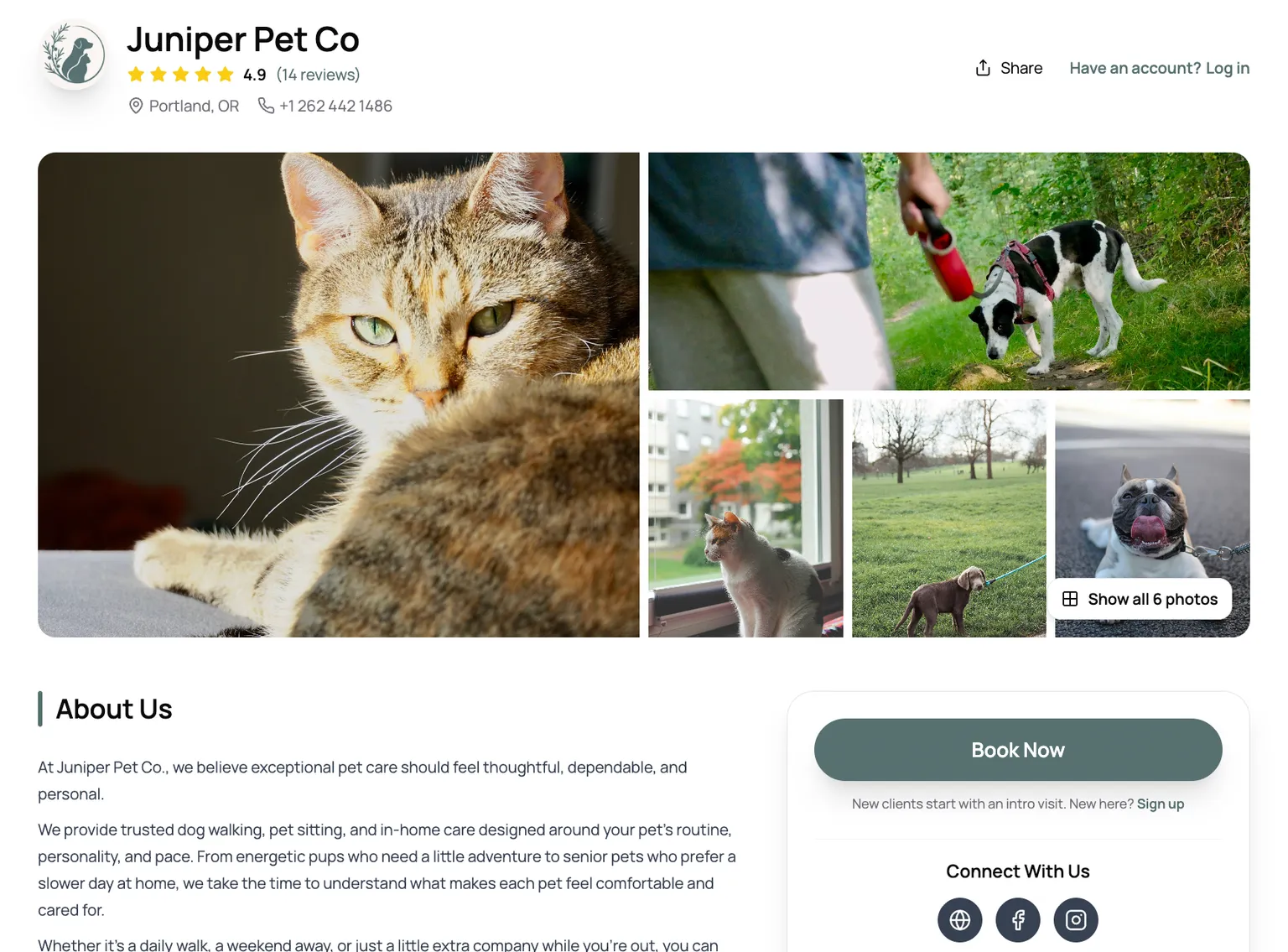 A pet care business's public booking page with photos, reviews, and a Book Now button