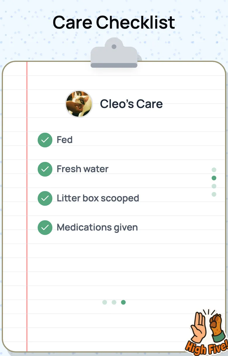 Report card checklist for one cat: fed, fresh water, litter box scooped, and medications given, all ticked
