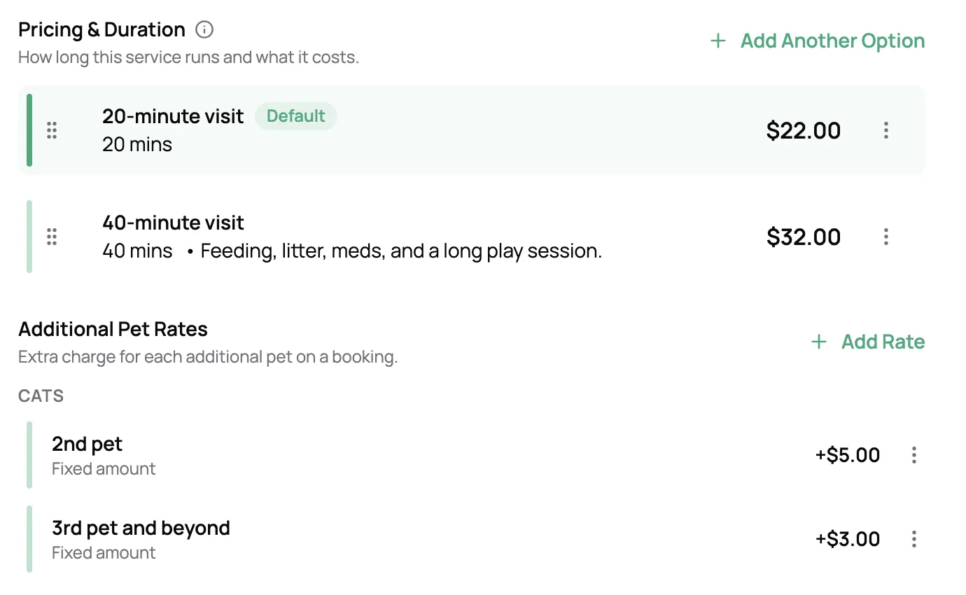 Cat Care prices: a 20-minute and a 40-minute visit, plus extra cat rates for the second cat and for the third cat and beyond
