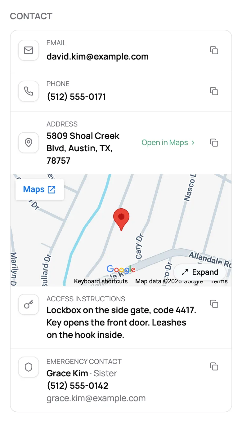 A client's contact card on a phone with address map, access instructions, and emergency contact