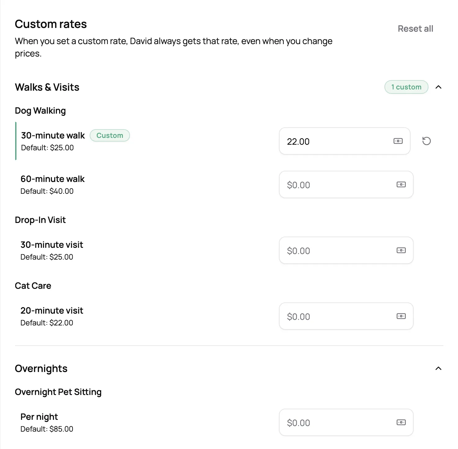 A client's custom rate for a 30-minute walk next to the default price