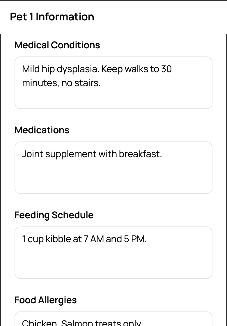 New client intake form on a phone with a dog's medical conditions, medications, and feeding schedule filled in
