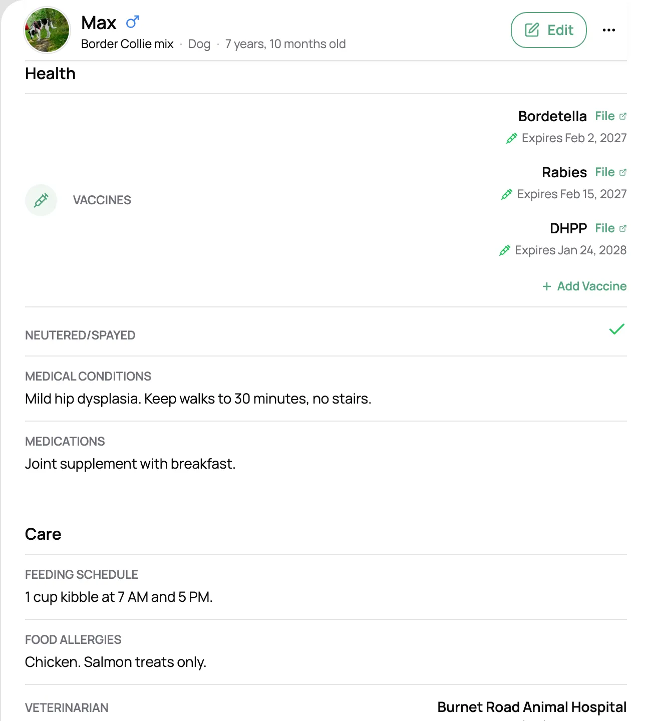 Pet profile for Max showing vaccines, medical conditions, medications, feeding schedule, and food allergies