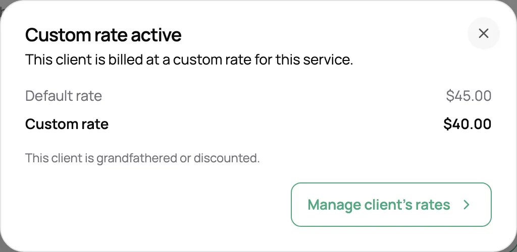 Custom rate active dialog on an invoice line showing a $45 default rate and a $40 custom rate