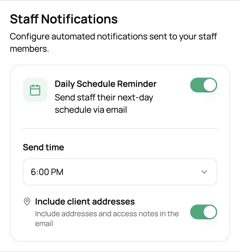 Daily schedule reminder turned on with a 6:00 PM send time and client addresses included