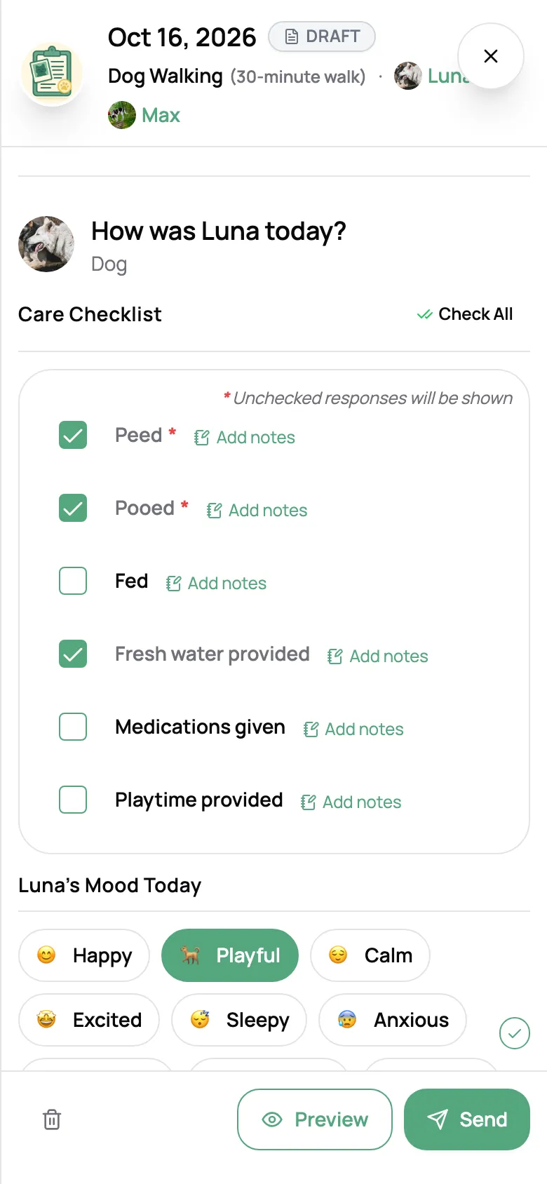 Report card editor on a phone with a dog's care checklist half ticked and a mood picked