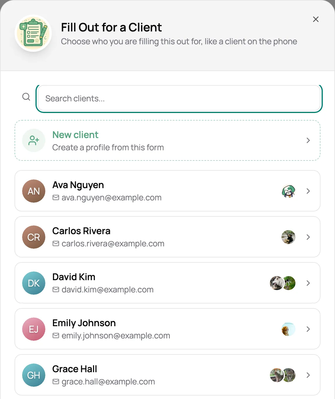 Fill Out for a Client dialog with a New client option above a list of clients