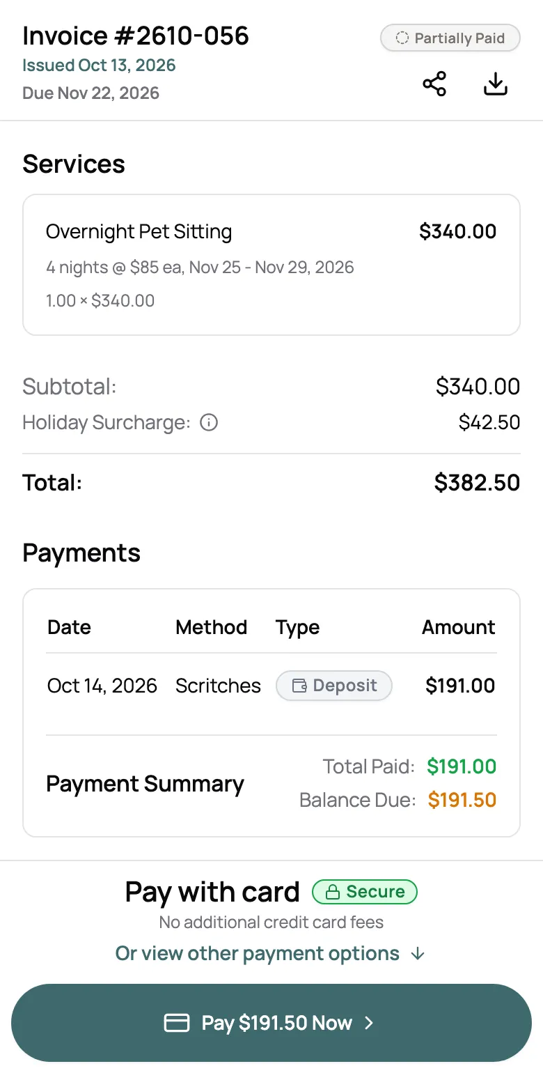 Invoice for a four-night Thanksgiving stay with a holiday surcharge, a paid deposit, and the balance due