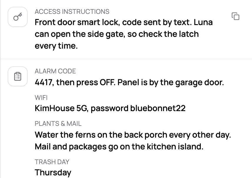 Client profile with access instructions for the smart lock and side gate, then added fields for the alarm code, WiFi, plants and mail, and trash day