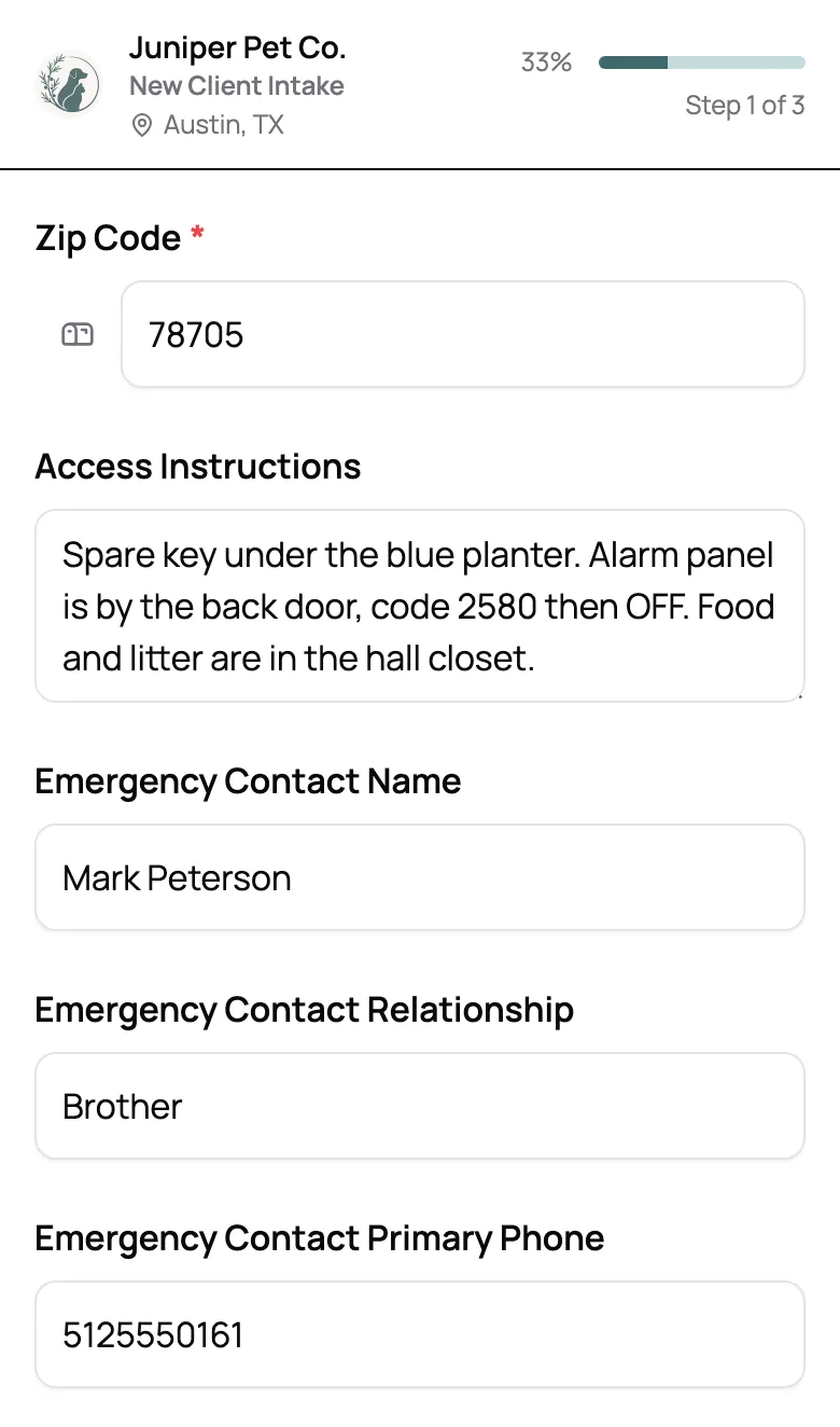 New client intake form with access instructions for the spare key and alarm code, and an emergency contact, filled in