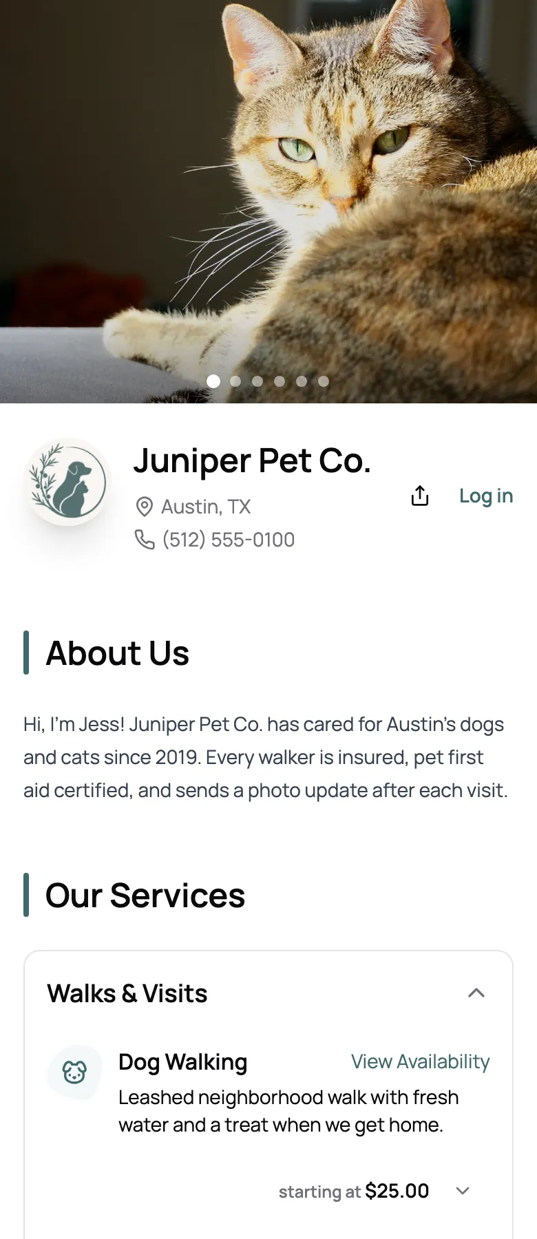 Juniper Pet Co. booking page with a cover photo, logo, About Us, and services