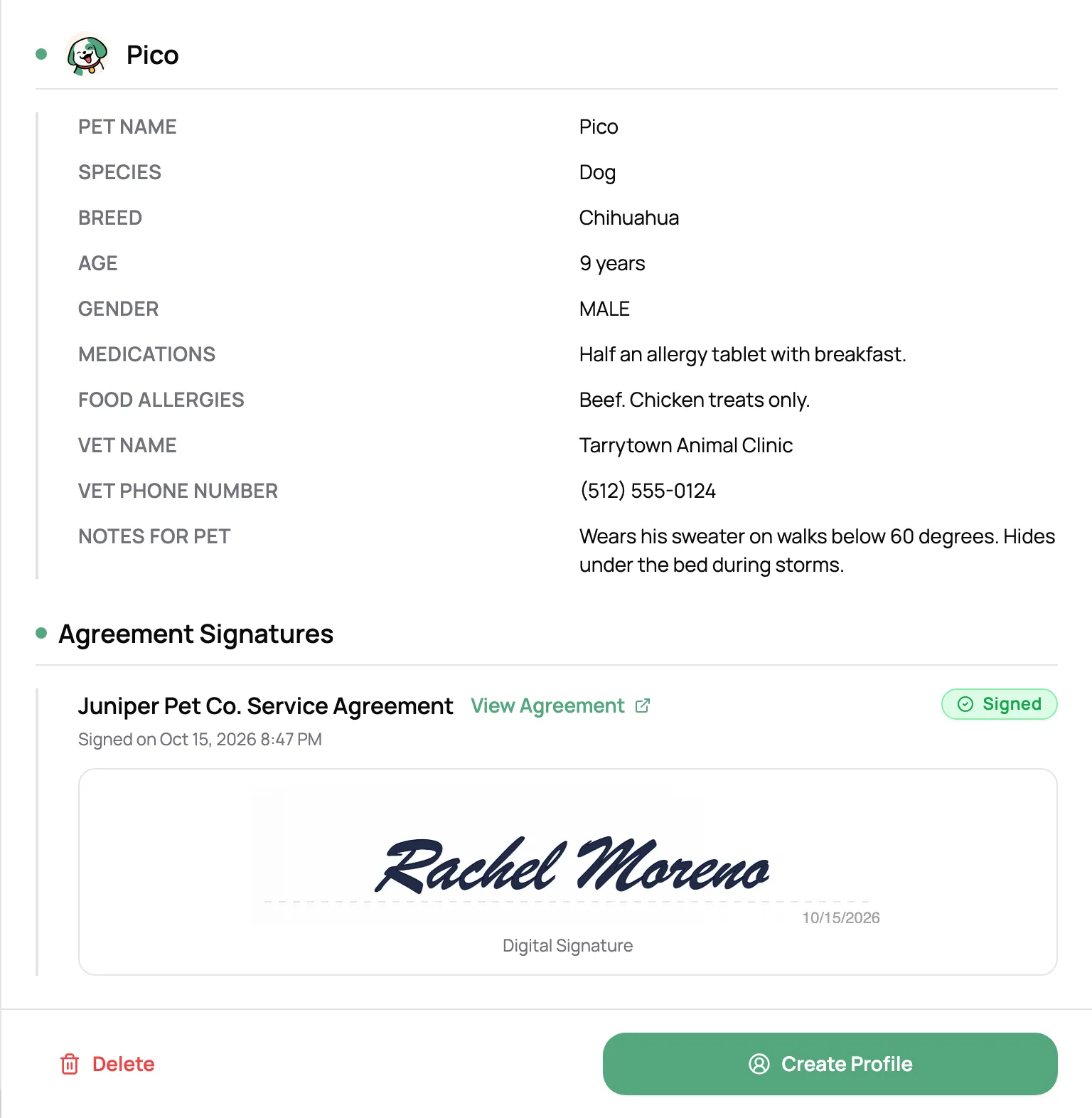 A new lead's submitted form with their second dog's details, their signed service agreement, and a Create Profile button