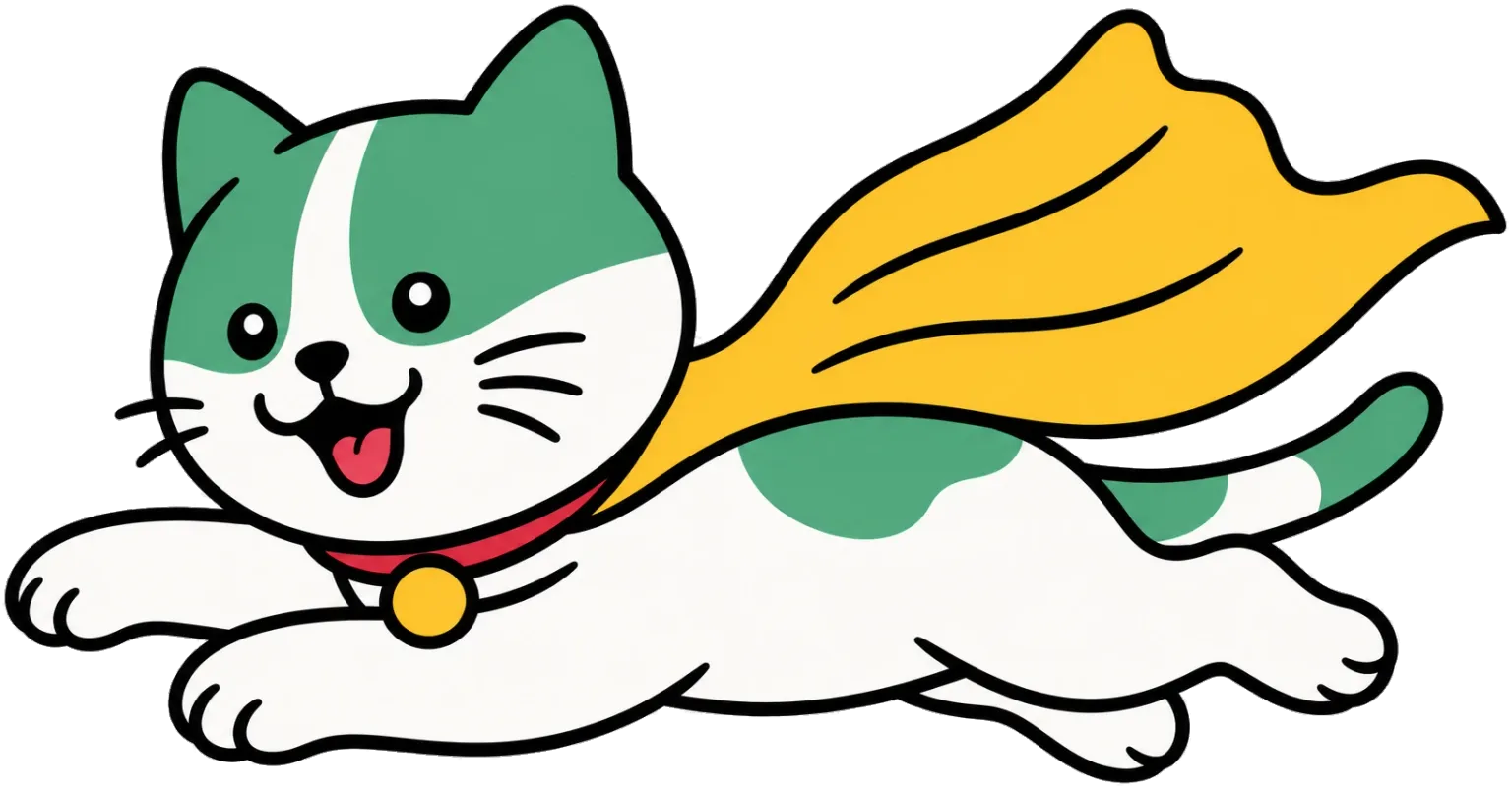 Scritches cat mascot flying in a superhero cape