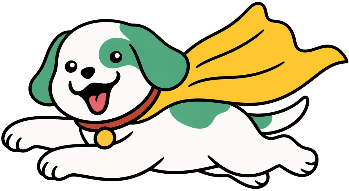 Scritches dog mascot flying in a superhero cape