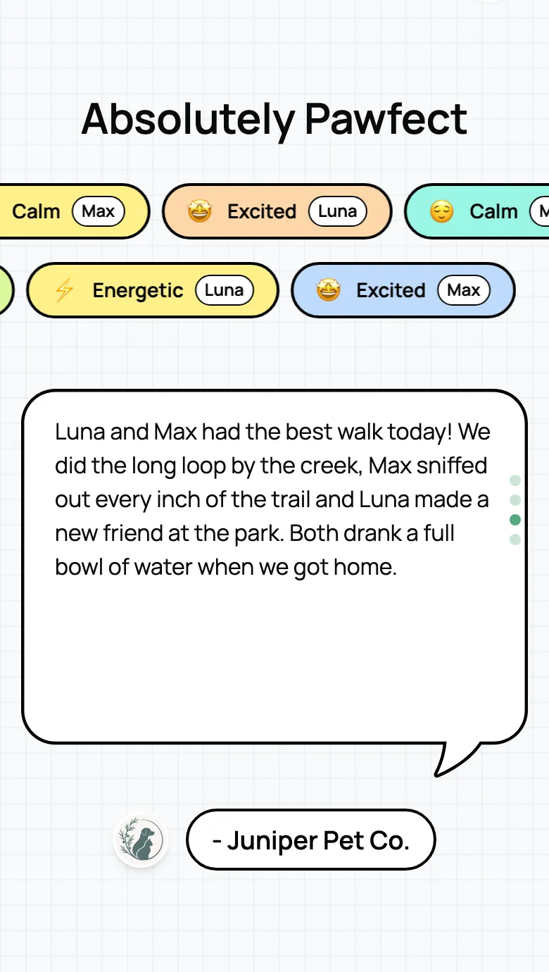 Report card page with mood chips for two dogs above the sitter's note about their walk