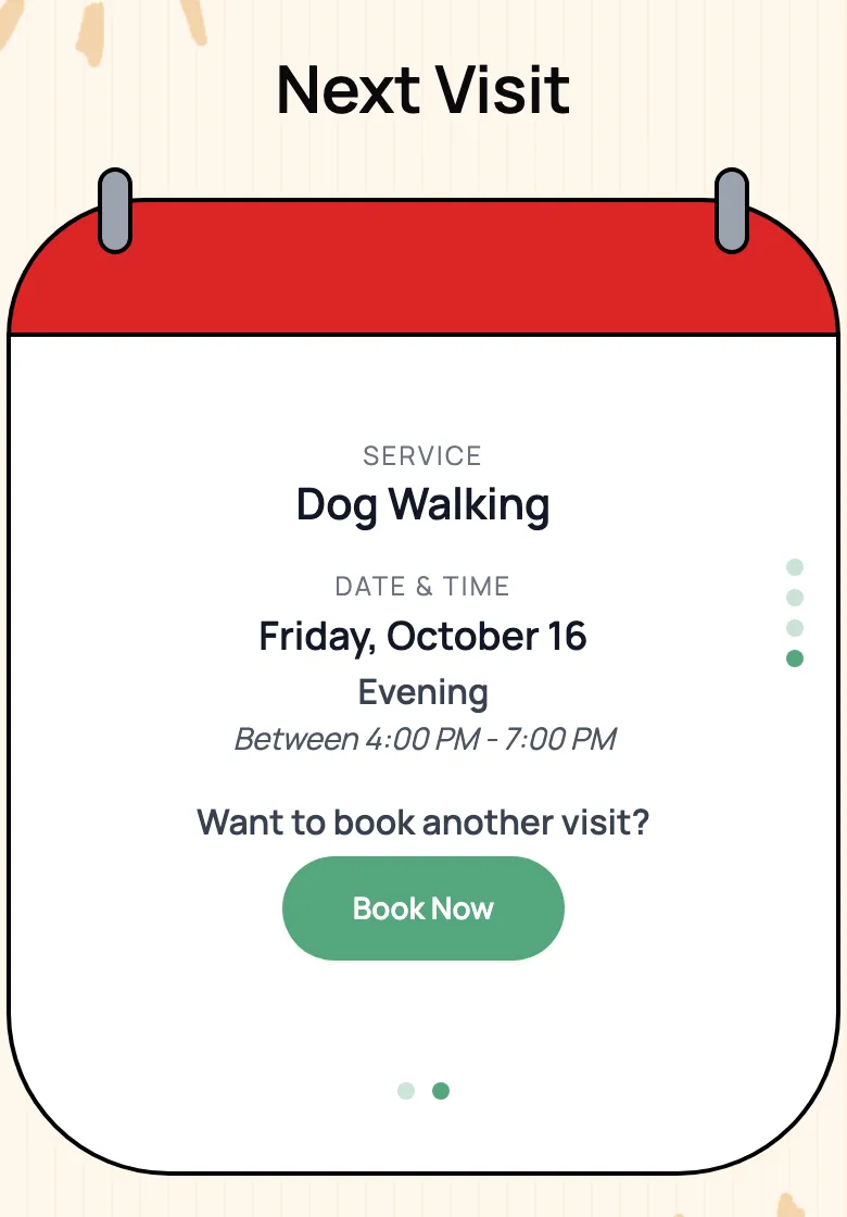 Next visit page of a report card showing a dog walk on Friday evening and a Book Now button