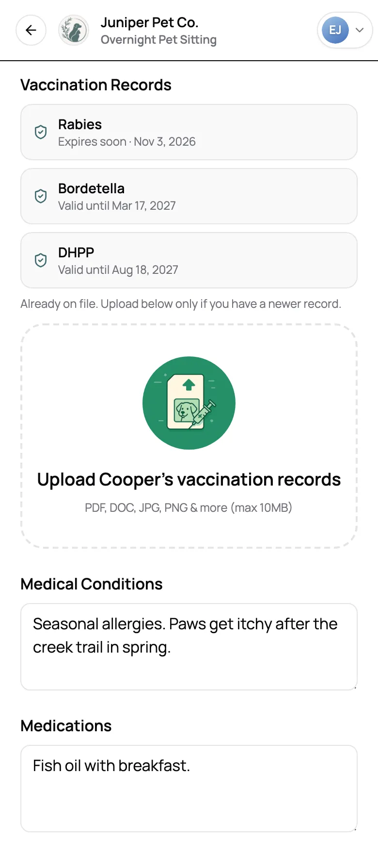 A returning client's overnight stay form with their dog's vaccines on file, one expiring soon, and his care notes already filled in