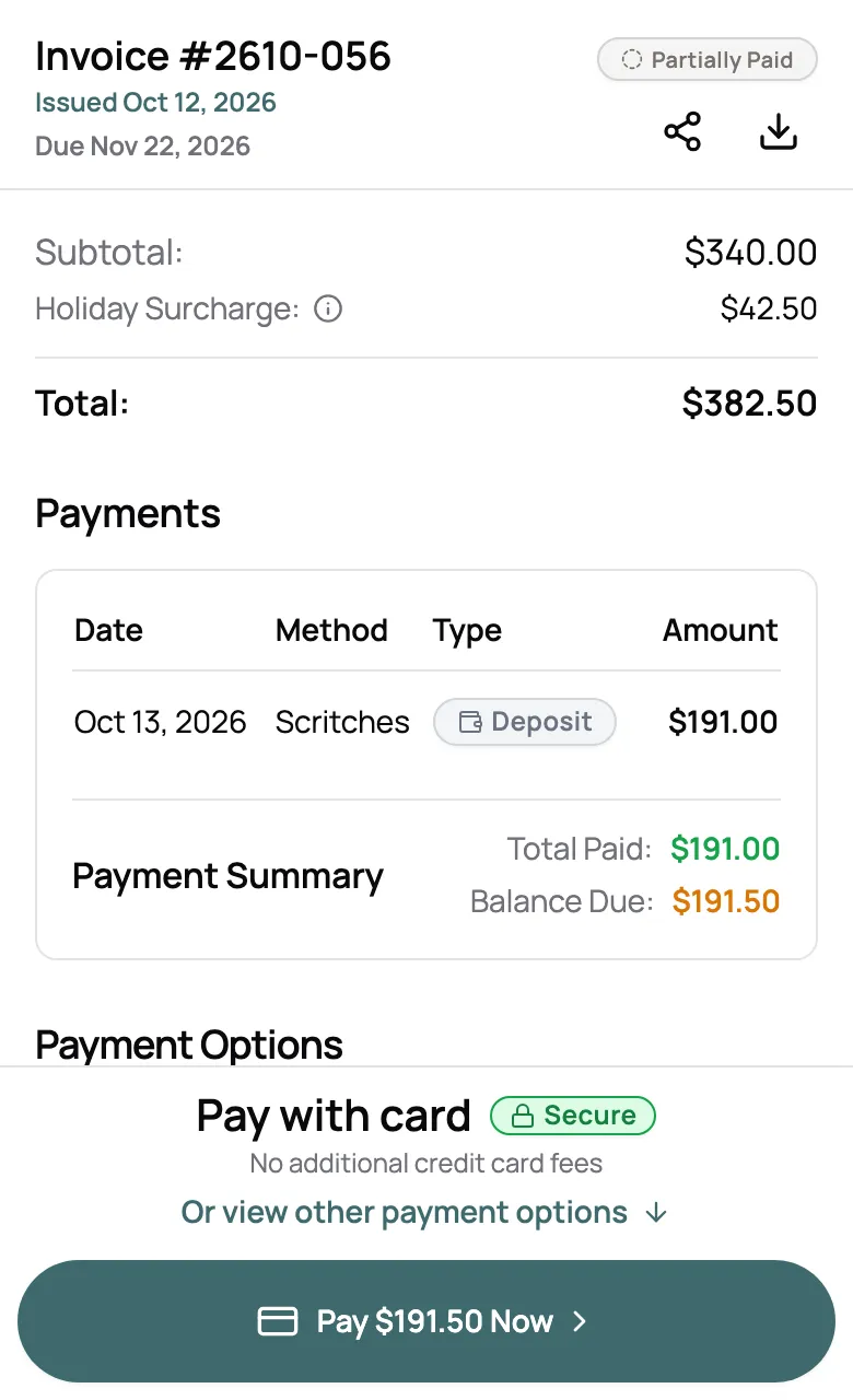 Client invoice on a phone with a holiday surcharge, a deposit paid by card, and a Pay Now button for the balance
