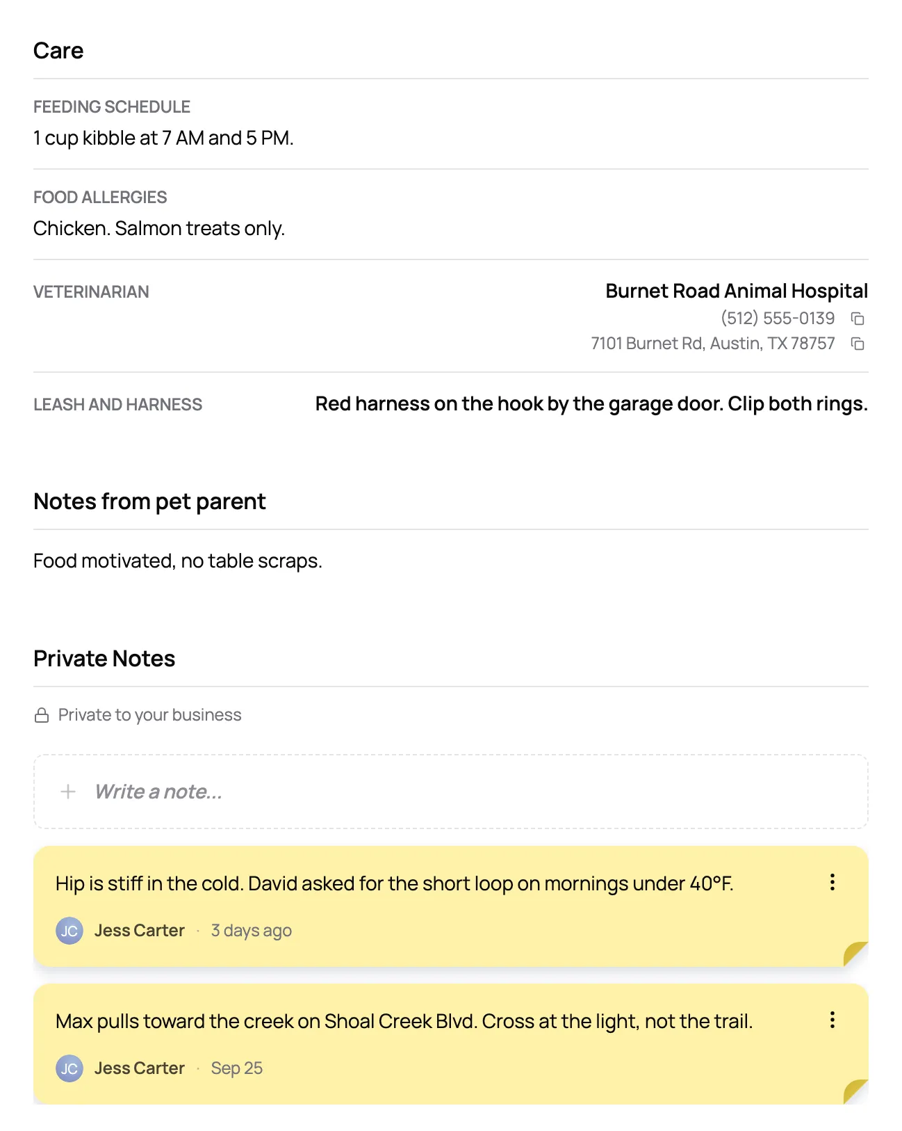 A dog's profile with feeding schedule, food allergies, vet, leash notes, and private team notes