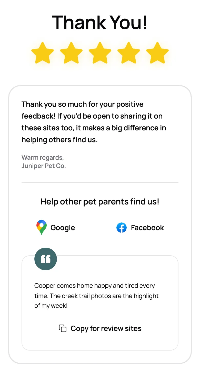 A client's thank-you screen after a five-star rating, with Google and Facebook review buttons and their note ready to copy