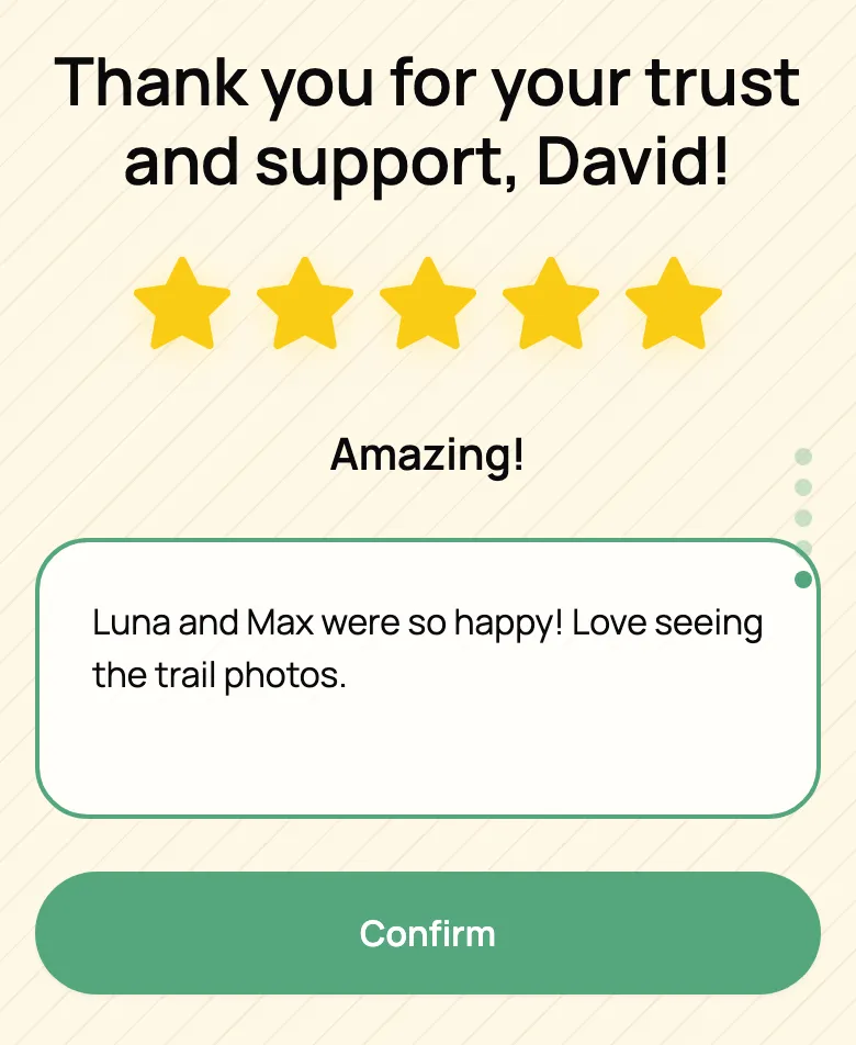 The last page of a pet report card asking the client to rate the visit, with five stars tapped and a short note typed