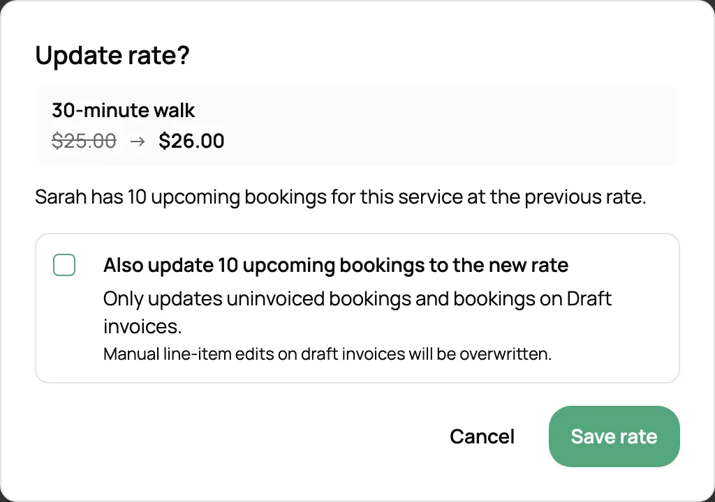 Update rate dialog offering to also update the client’s upcoming bookings to the new rate