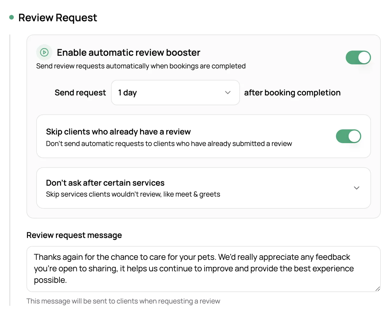 Review Booster settings with automatic asks on, sent one day after a booking, a review request message, and options to skip clients and services
