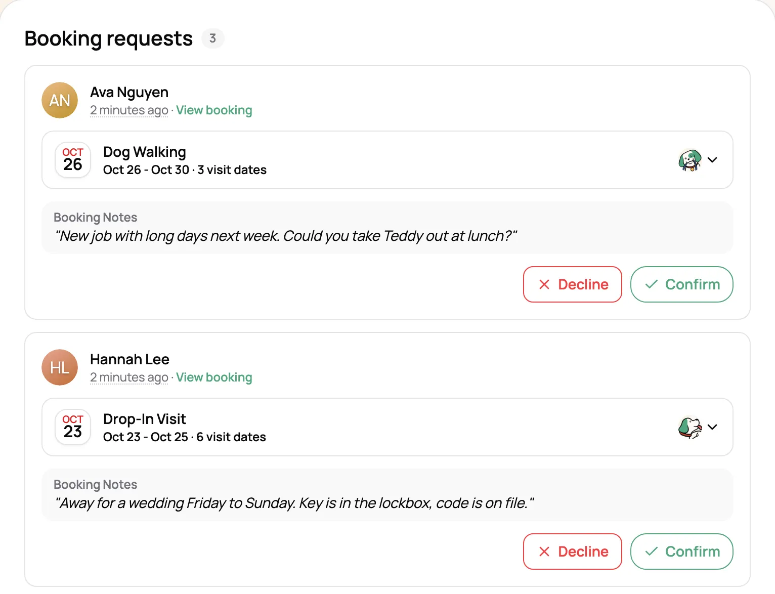 Booking requests for dog walks and a weekend of drop-in visits, each with the client’s note and Confirm and Decline buttons