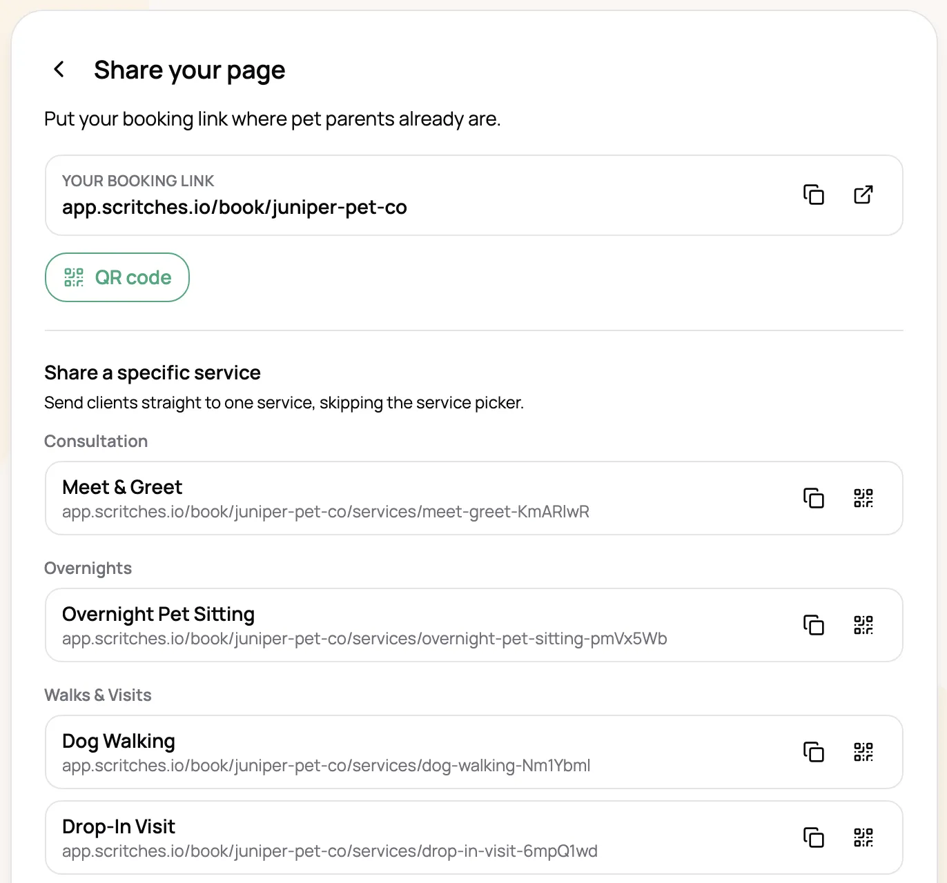 Share your page settings with the booking link, a QR code button, and a link for each service