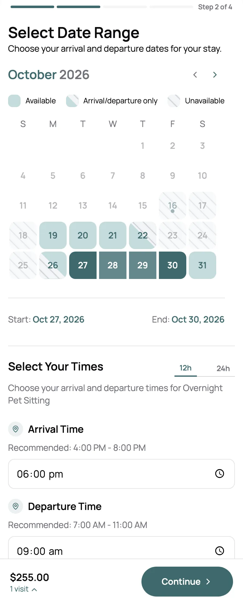 Booking page for an overnight stay with Tuesday to Friday picked as one range, arrival and departure times with the recommended windows, and $255 for three nights