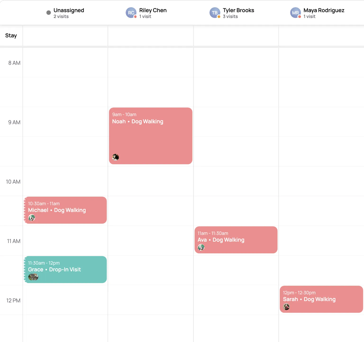 Calendar in Lanes view with each sitter's walks in their own column and an Unassigned lane