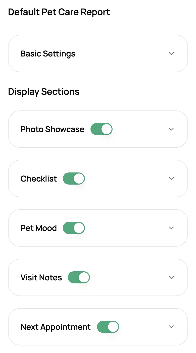 Report card template settings with photos, checklist, mood, notes, and next appointment switched on