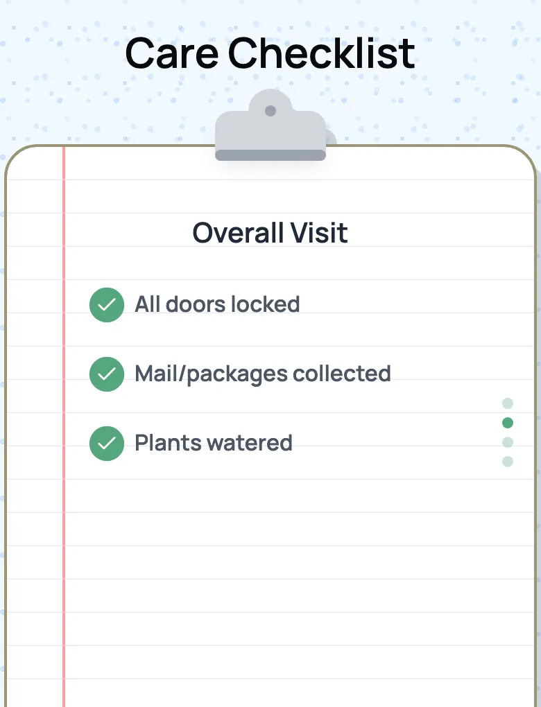 Report card checklist for the whole visit: all doors locked, mail and packages collected, plants watered