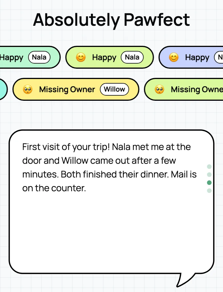 Report card moods for two cats, one happy and one missing her owner, above the sitter's note from the visit