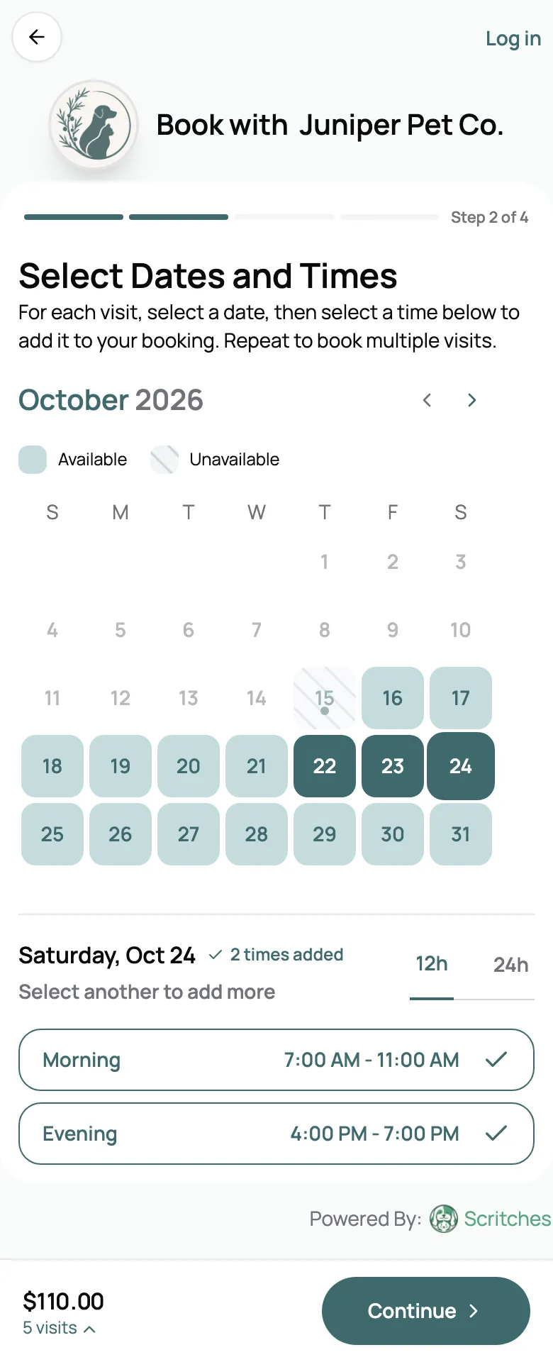 Booking page with a Thursday to Saturday Cat Care trip selected, morning and evening visits, five visits totaling $110