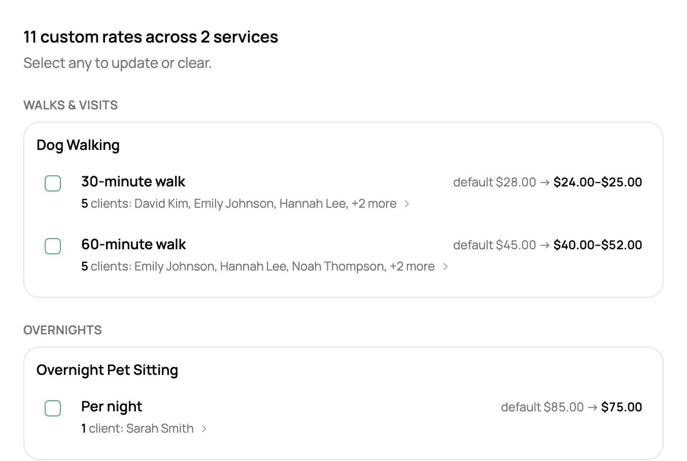 Custom rates review listing every custom walk and overnight rate, with how many clients are on each