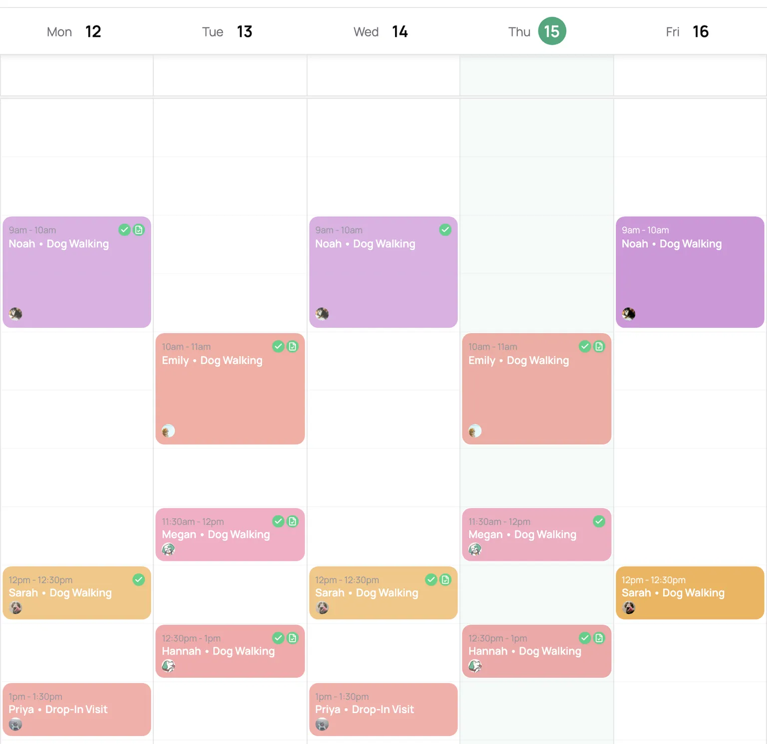Monday to Friday on the calendar, 8 AM to 1:30 PM: the same regulars at the same times each week, busiest around midday