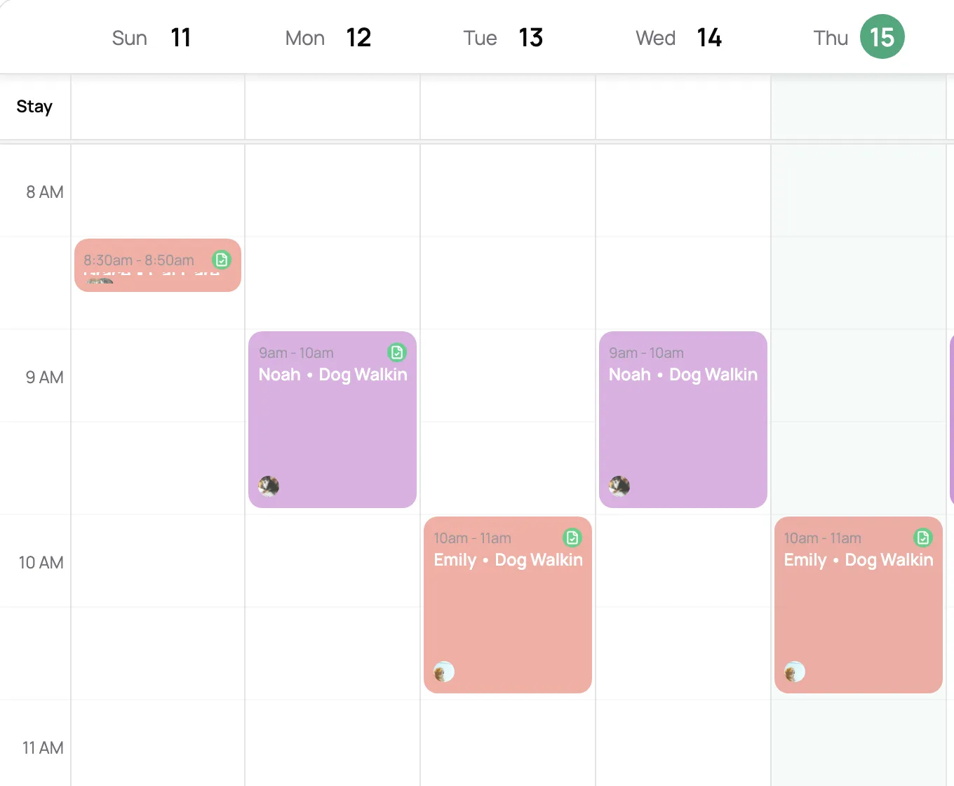 Week calendar with color-coded dog walking visits