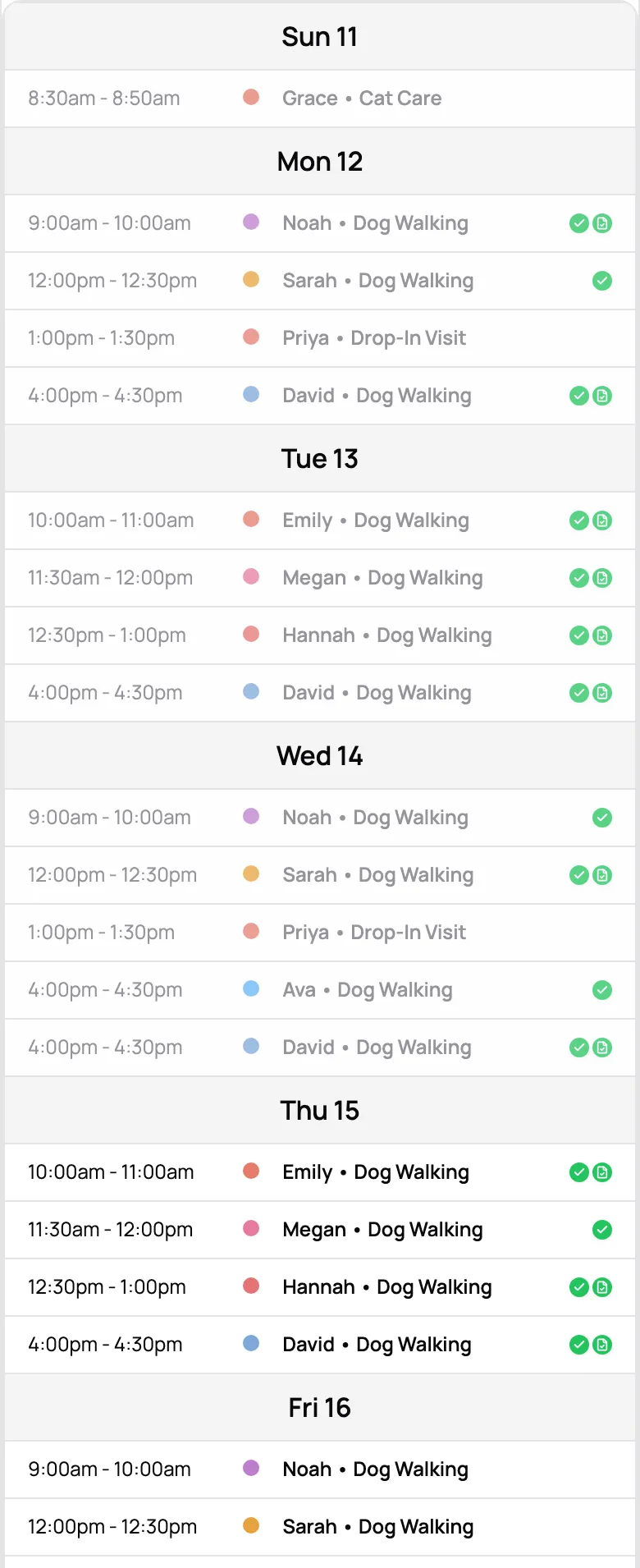 The same week as a list on a phone, each day's walks in order with their times
