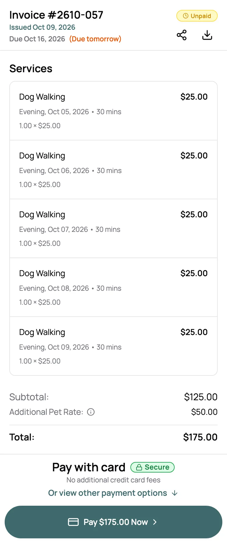 One invoice for a week of evening dog walks, five walks plus an additional pet rate, with a pay by card button