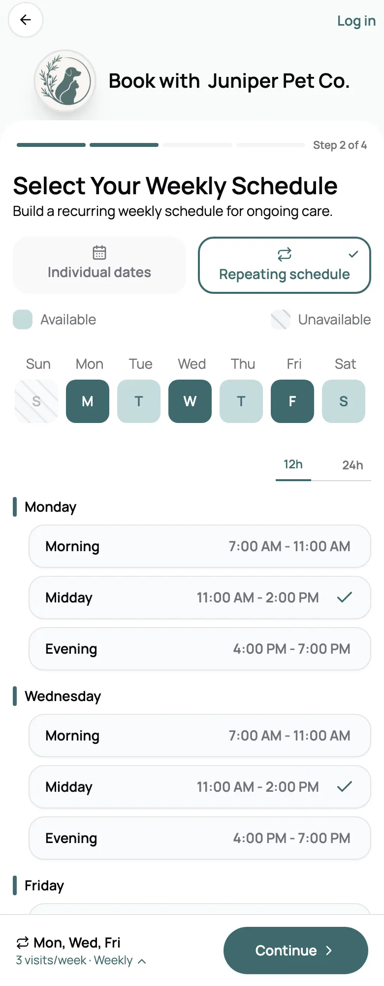 Booking page set to a repeating schedule, with Monday, Wednesday and Friday at Midday chosen for a weekly walk