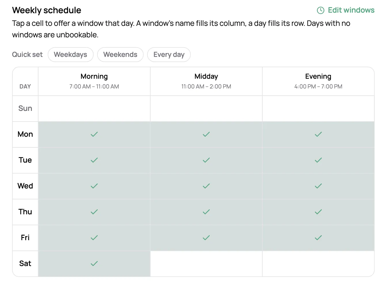 Weekly schedule grid showing which service windows are open each day